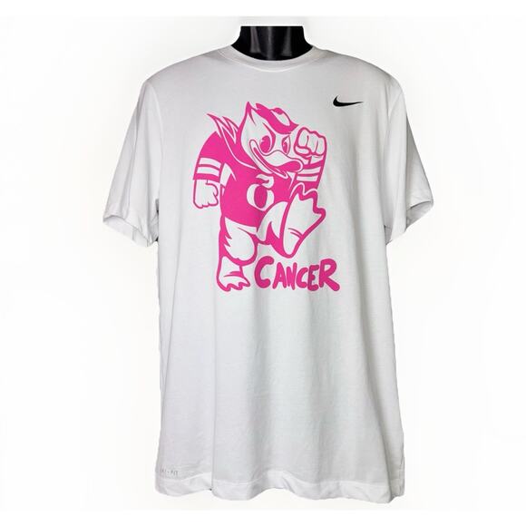 Oregon DUCKS Nike Stomp Out Cancer Shirt Mens Medium White Pink Dri-Fit Tee Crew - Picture 1 of 6